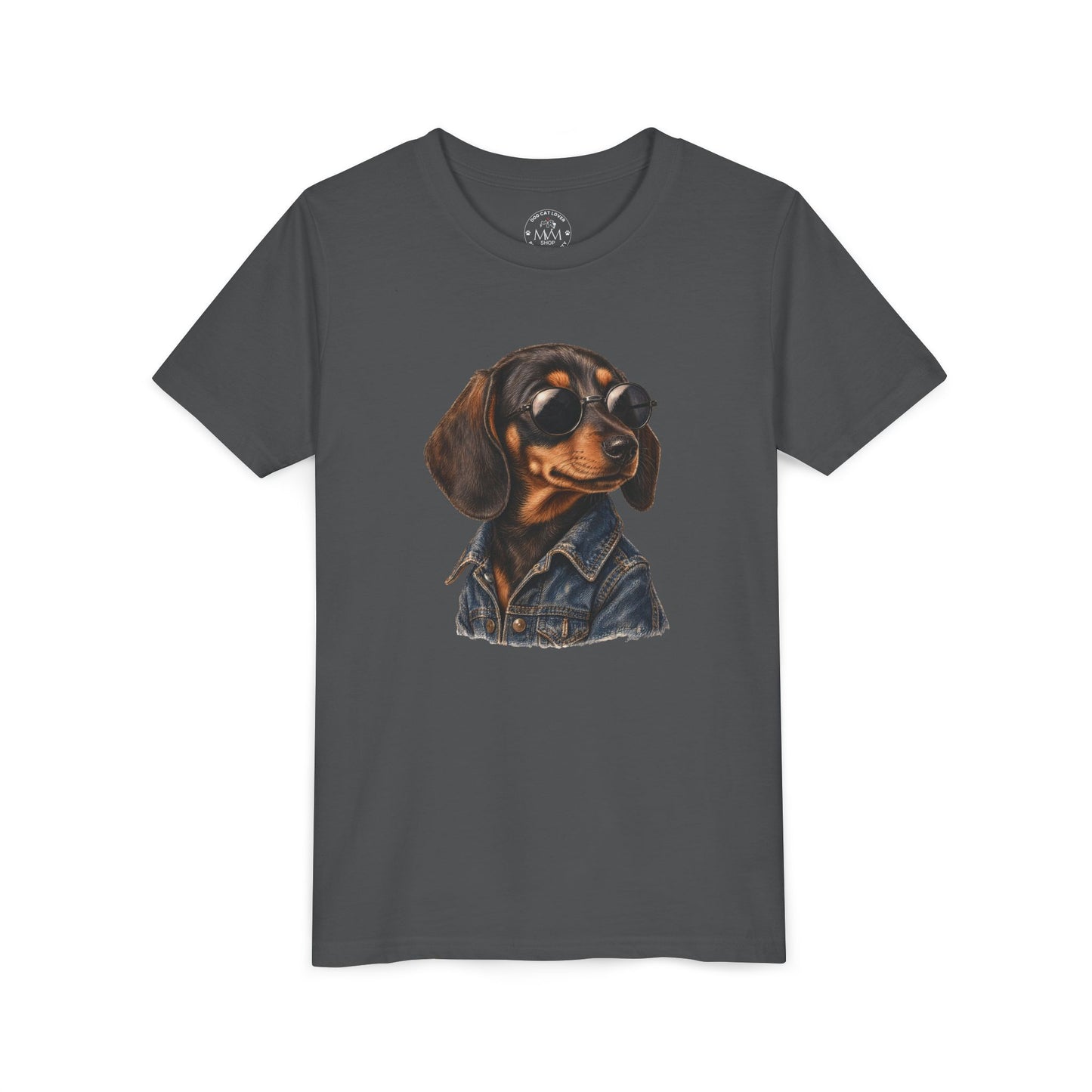Dunkelgraues Dackel Kinder T-Shirt in Asphalt mit Hund in Sonnenbrille und Jeansjacke