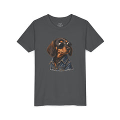 Dunkelgraues Dackel Kinder T-Shirt in Asphalt mit Hund in Sonnenbrille und Jeansjacke