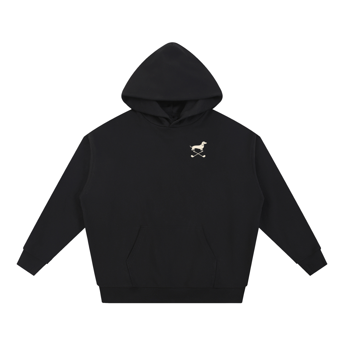 Club & Swing dachshund golf hoodie, front flatlay. Color: Black
