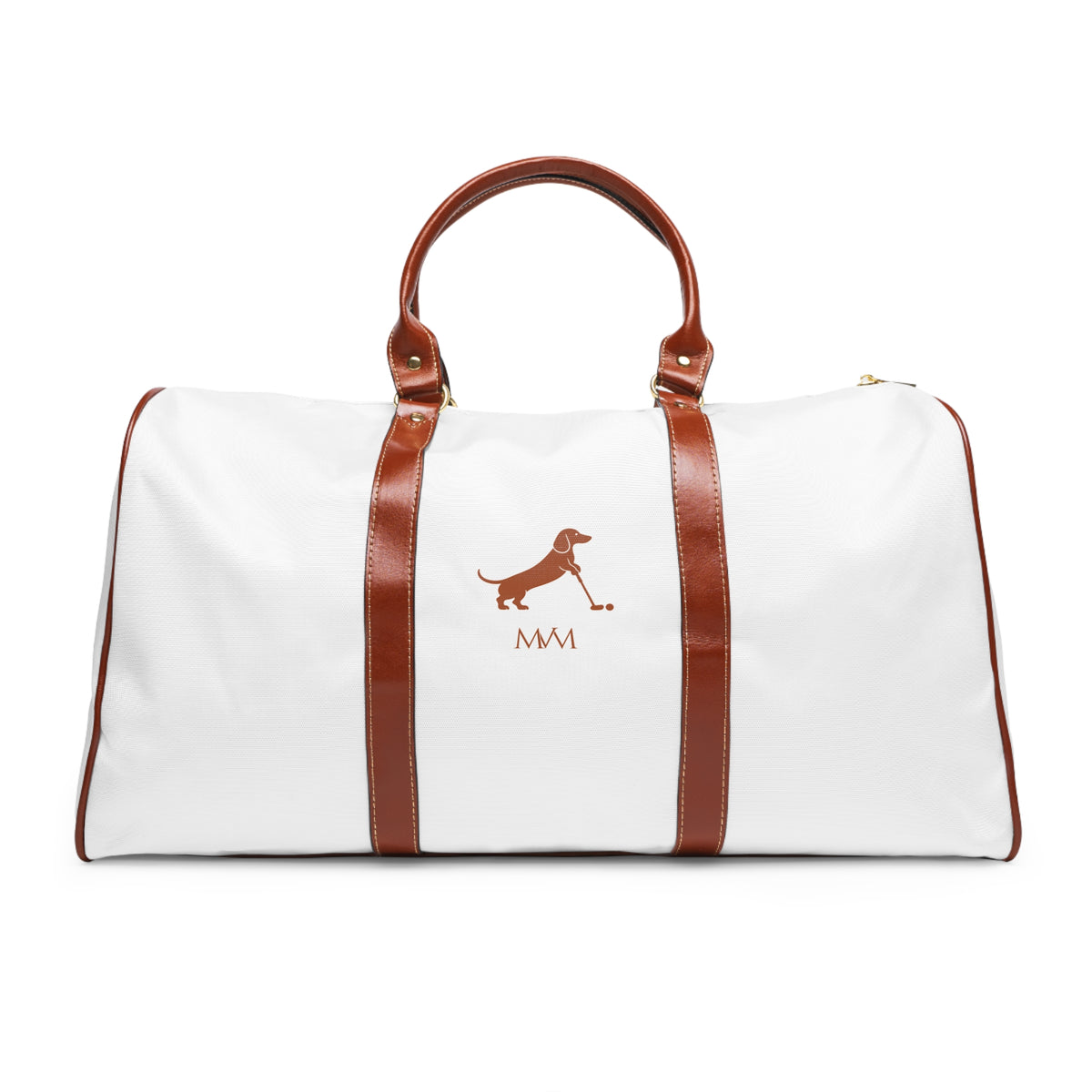 Color: White. Putting Dachshund golf travel bag in white with a brown putting dachshund and MVM monogram on the front, brown PU handles, front view.