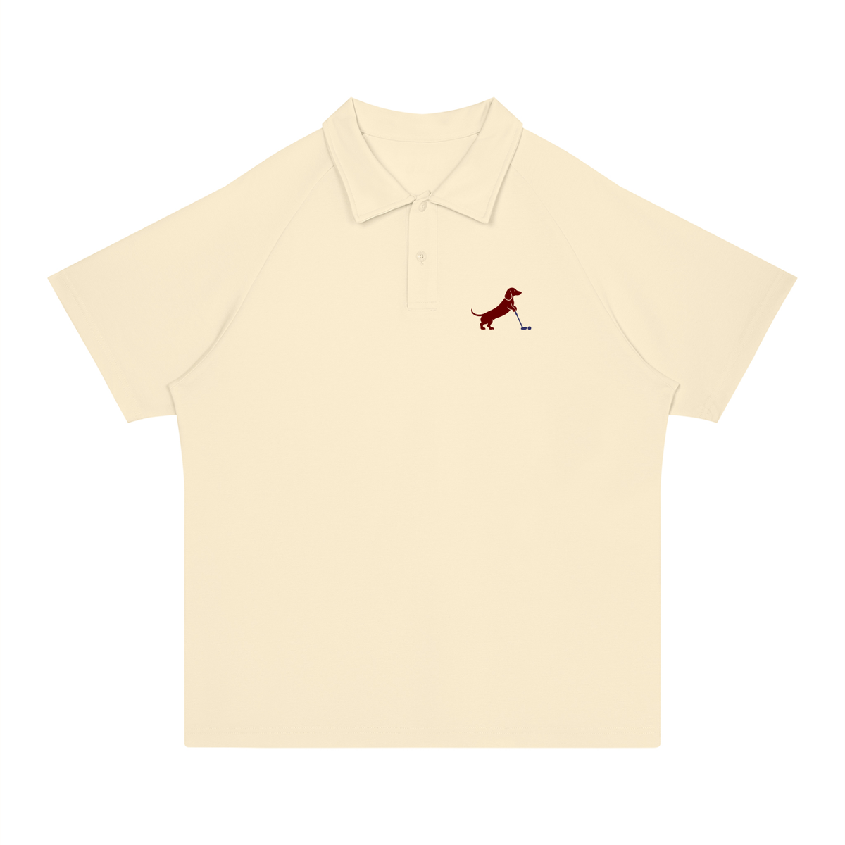 Putting dachshund golf polo, front flatlay. Color: Apricot