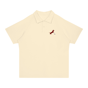 Putting dachshund golf polo, front flatlay. Color: Apricot