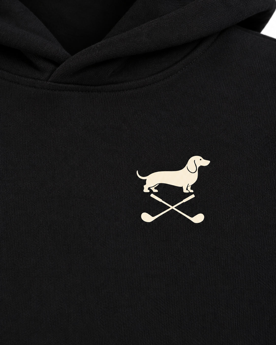 Club & Swing dachshund golf hoodie print detail. Color: Black