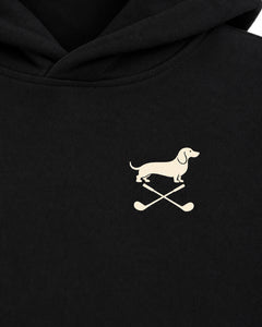 Club & Swing dachshund golf hoodie print detail. Color: Black