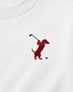 Swing dachshund golf sweatshirt print detail. Color: White