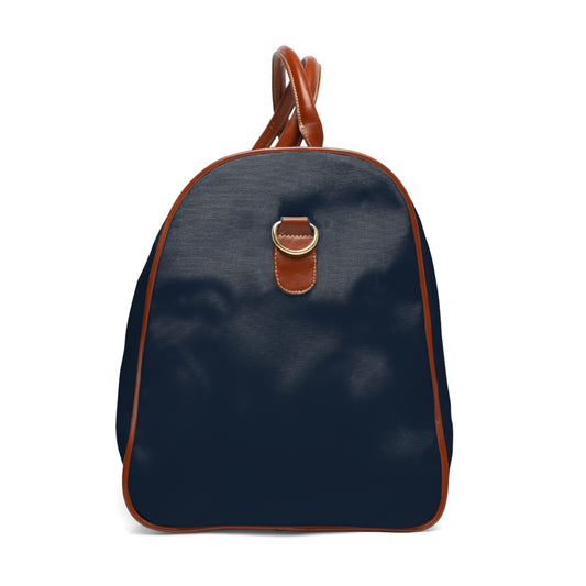 Color: Navy. Swing Dachshund golf travel bag in navy, right side view with gold-colored zipper.