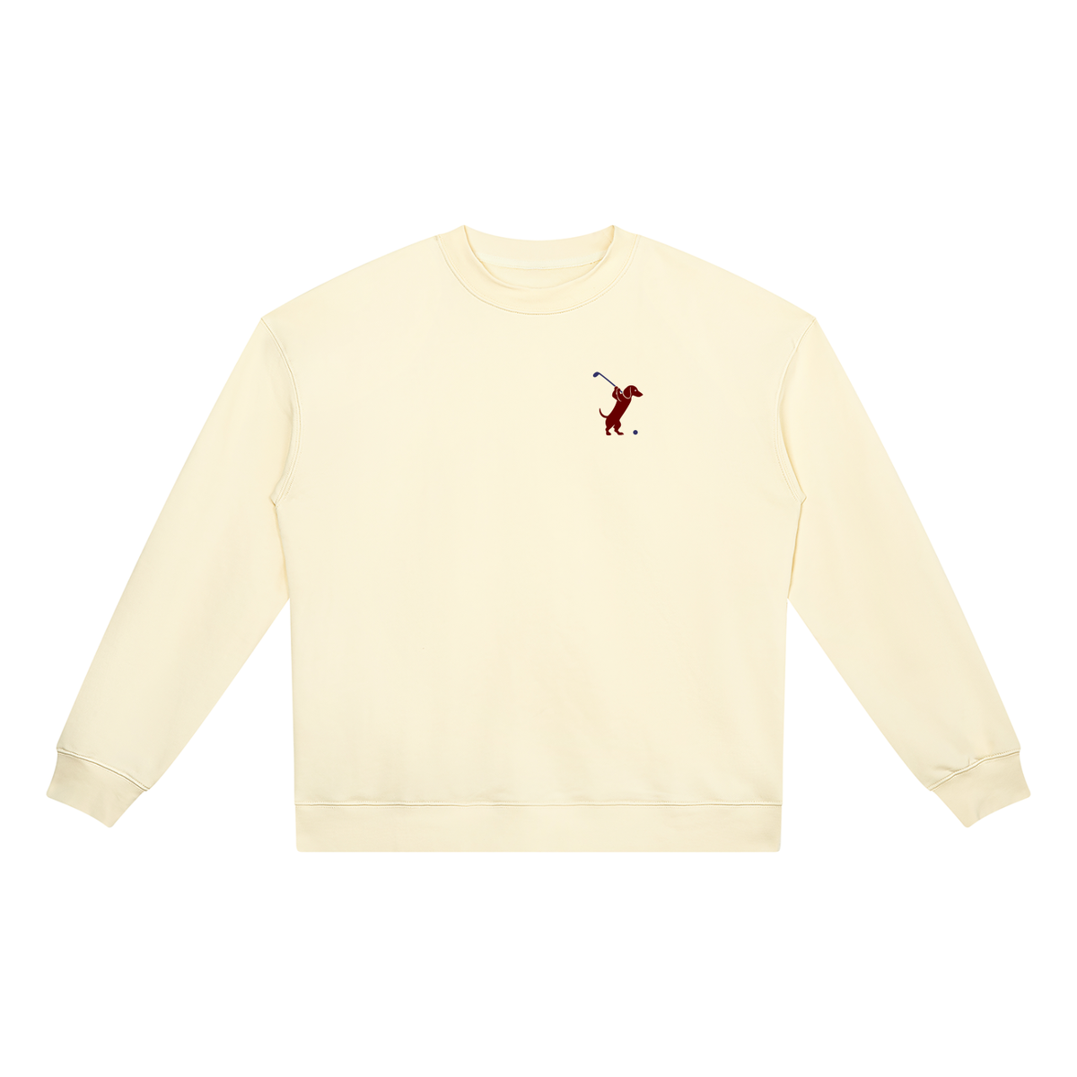 Swing dachshund golf sweatshirt, front flatlay. Color: Apricot