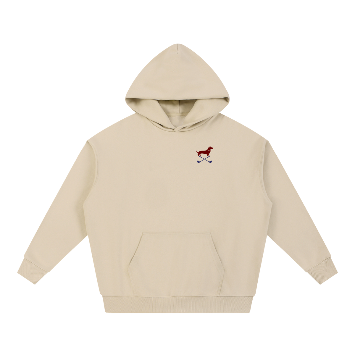 Club & Swing dachshund golf hoodie, front flatlay. Color: Apricot