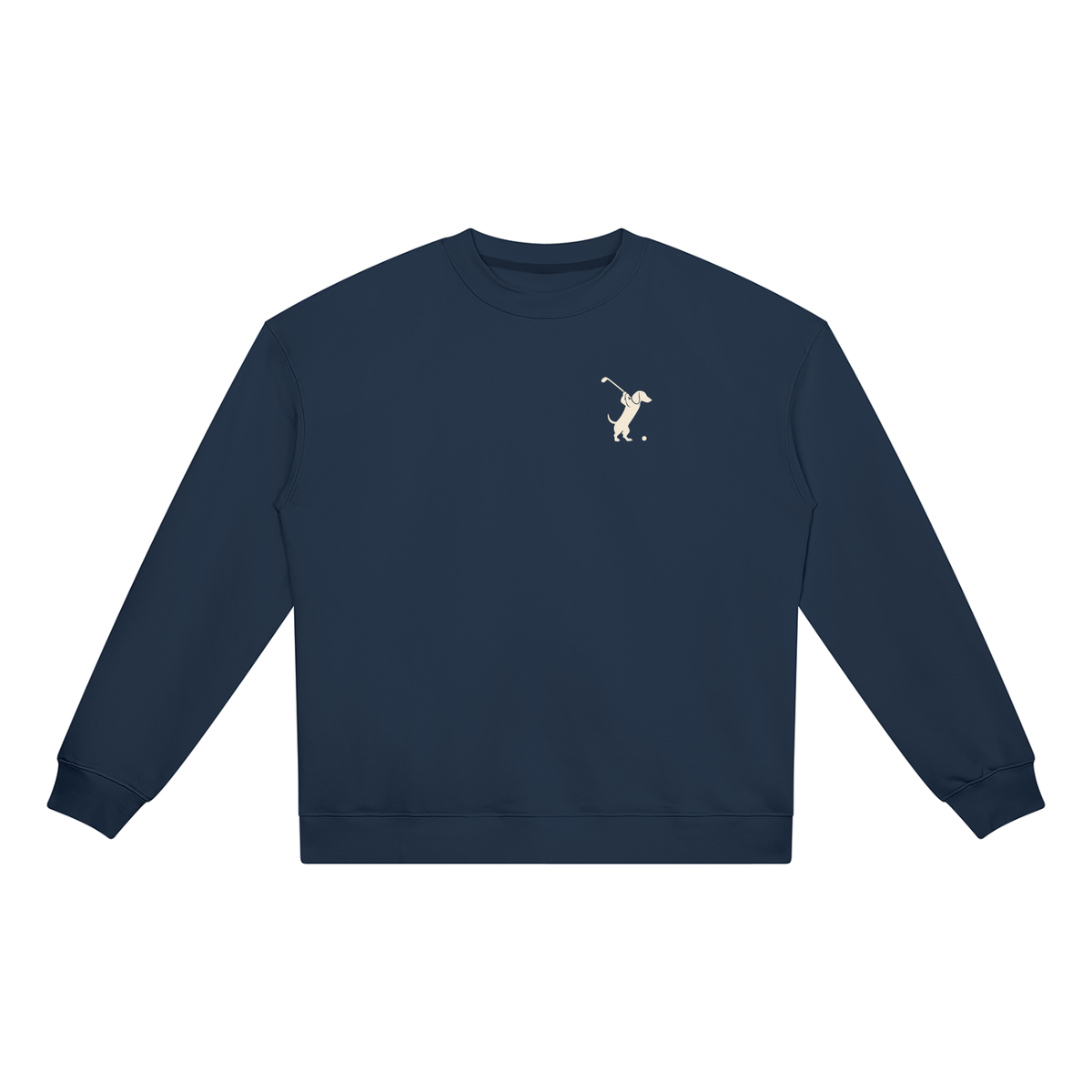 Swing dachshund golf sweatshirt, front flatlay. Color: Navy