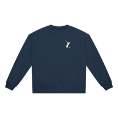 Swing dachshund golf sweatshirt, front flatlay. Color: Navy