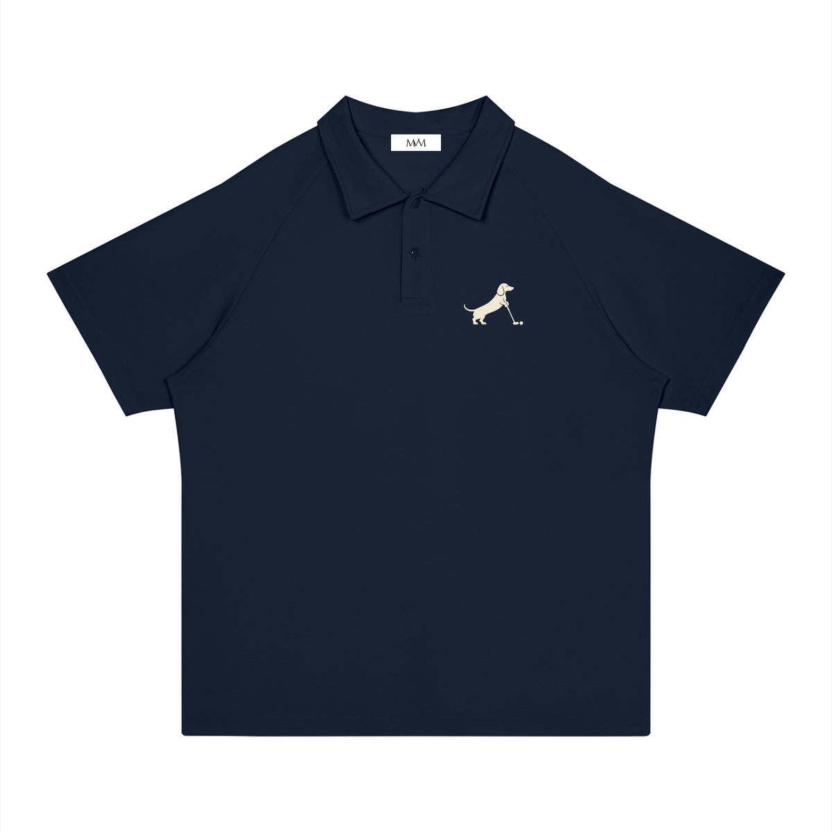 Putting dachshund golf polo, front flatlay. Color: Navy Blue