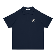 Putting dachshund golf polo, front flatlay. Color: Navy Blue