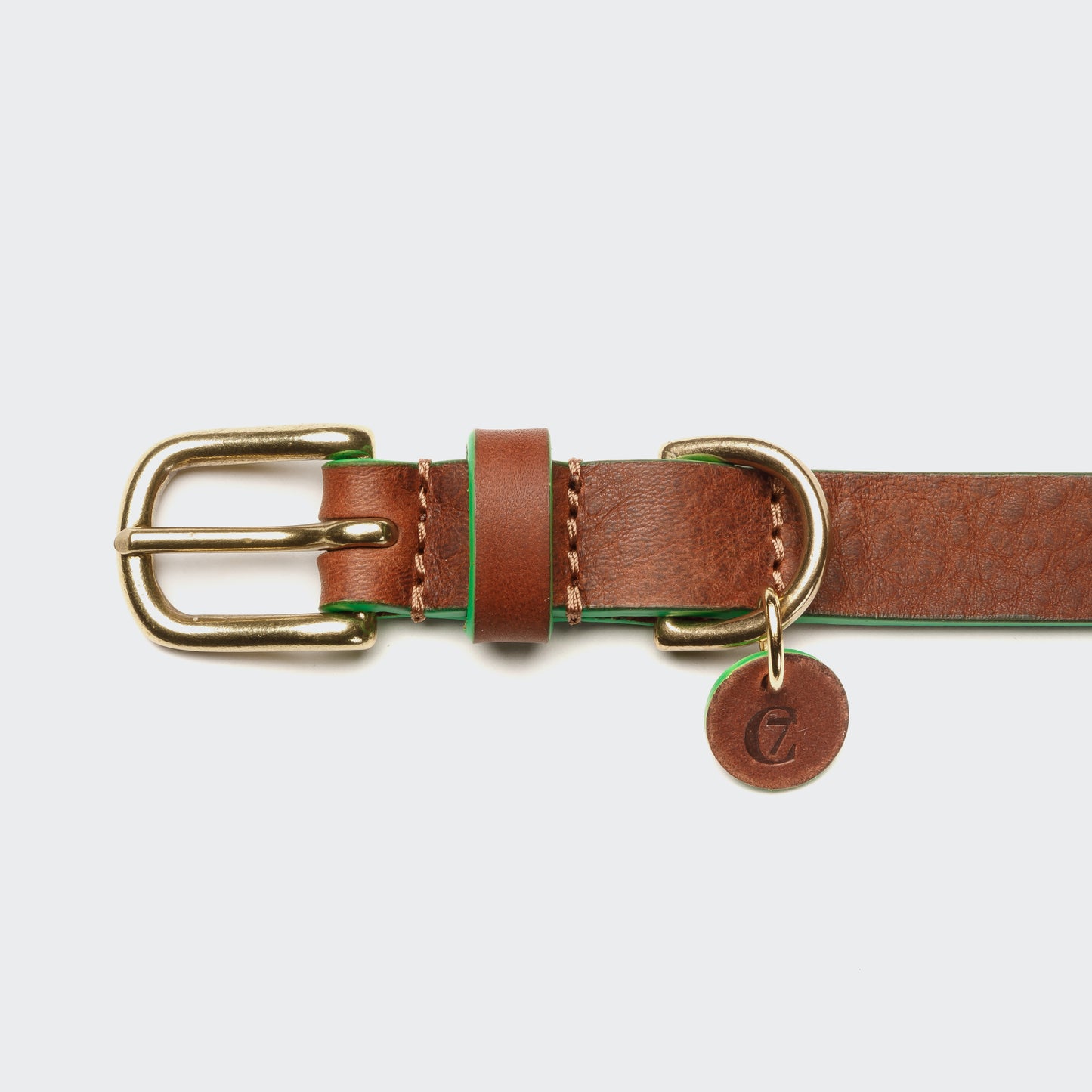 Cognac leather dog collar back view, green accent hardware