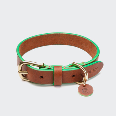 Cognac and green leather dog collar, Cloud 7 Kings Park collection
