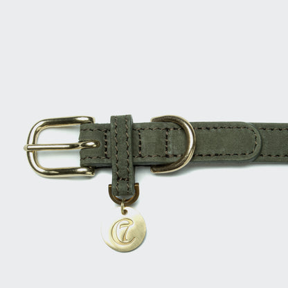 Moss green dog collar back view, quick-release buckle