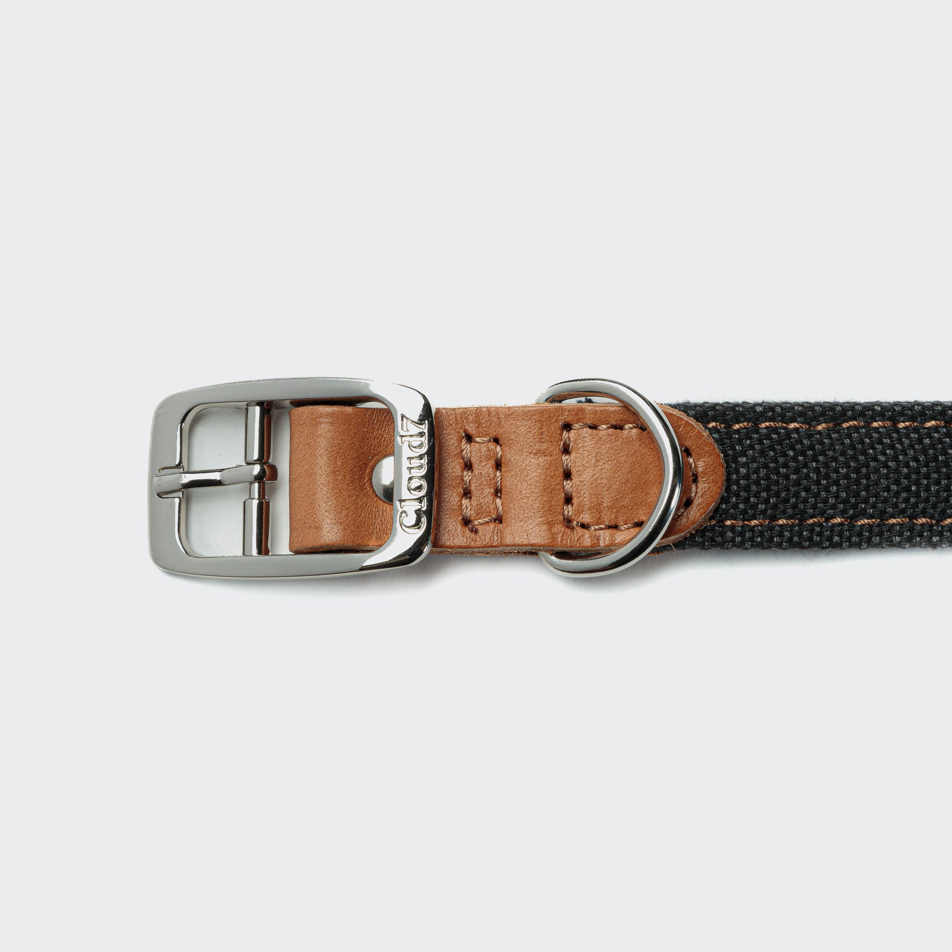 Black canvas dog collar back view, metal buckle