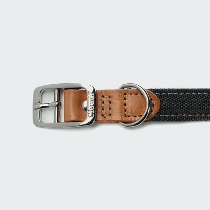 Black canvas dog collar back view, metal buckle