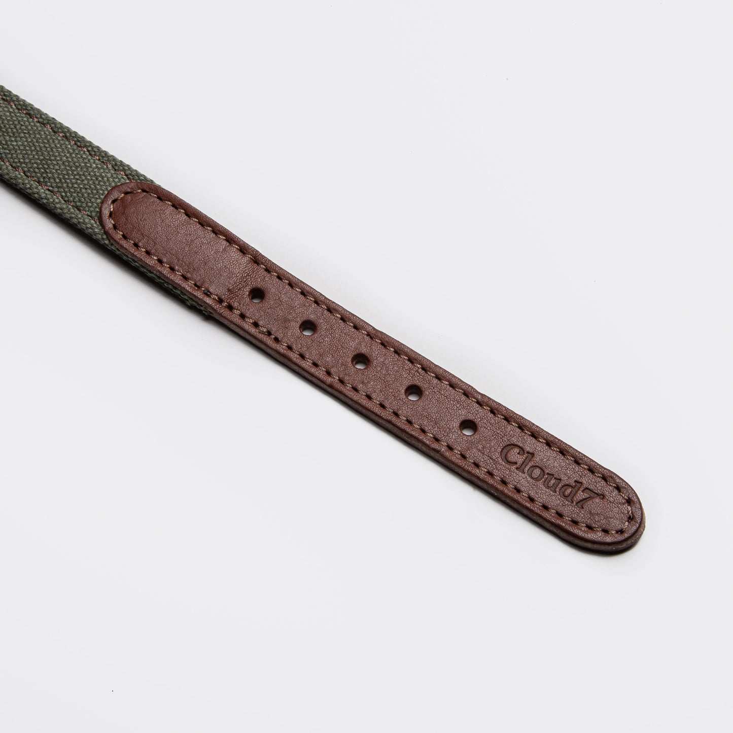Olive canvas dog collar side view, adjustable strap