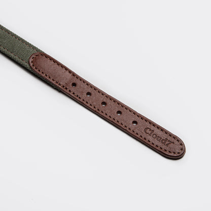 Olive canvas dog collar side view, adjustable strap
