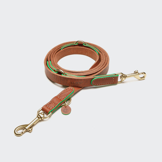 Cognac and green leather dog leash, metal clip, Cloud 7 Kings Park