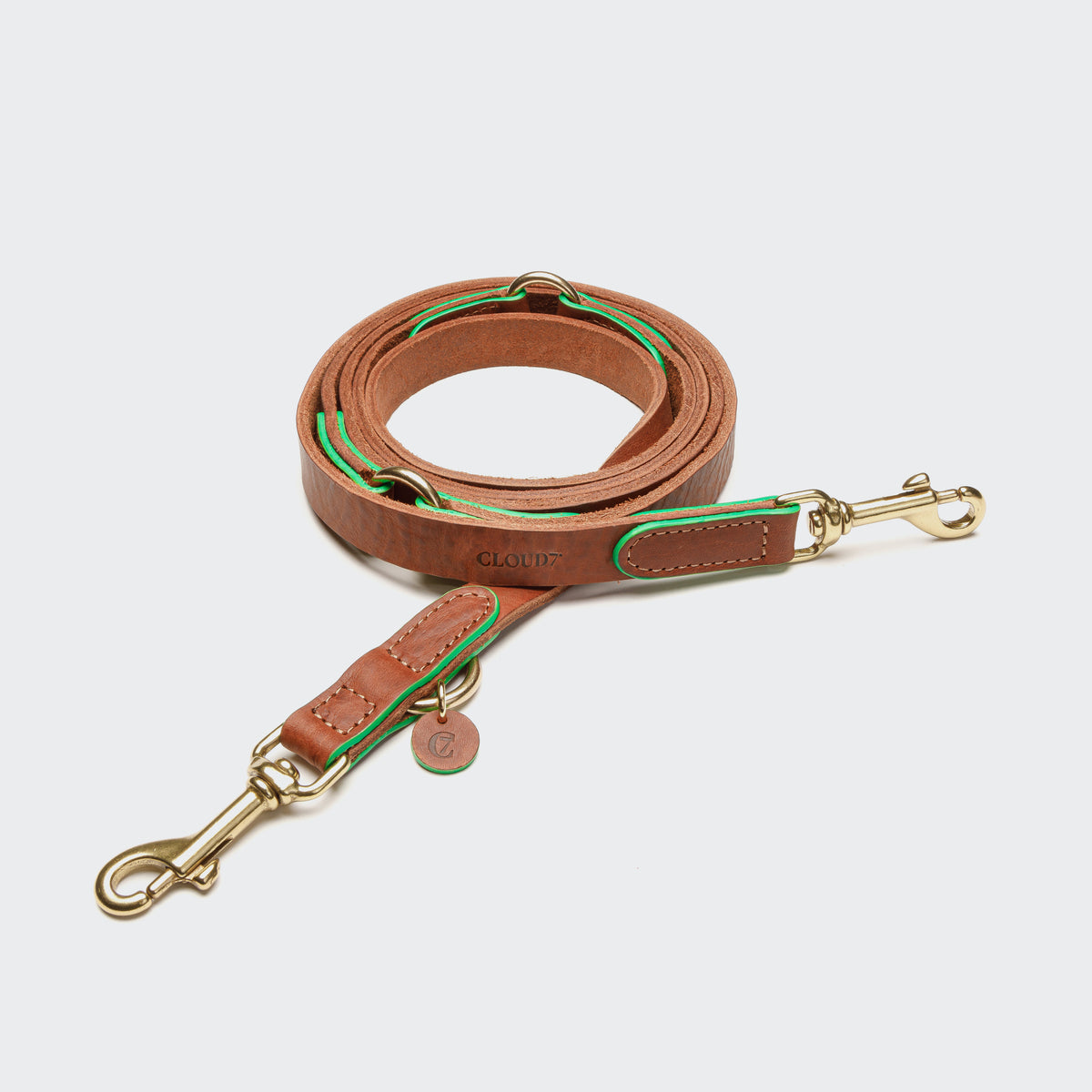 Cognac and green leather dog leash, metal clip, Cloud 7 Kings Park