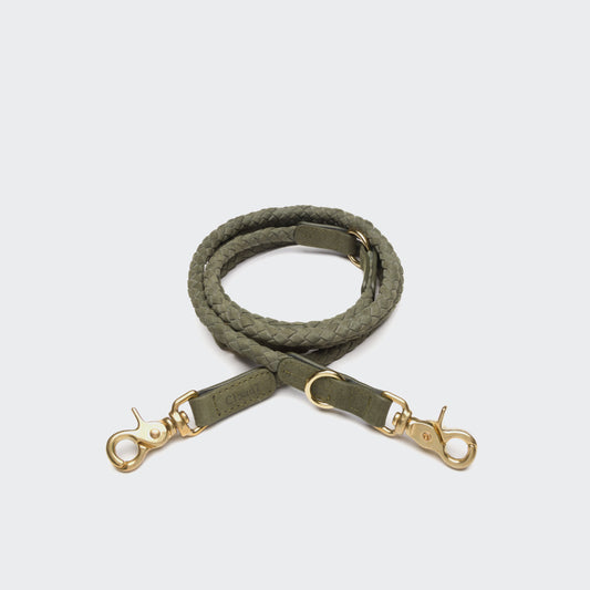 Olive green braided leather dog leash with brass snap clip, Cloud 7 Ravello