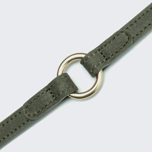 Moss green dog leash side view, soft fabric handle