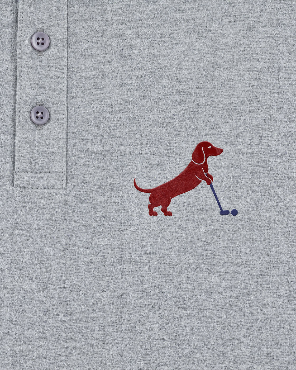 Putting dachshund golf polo, chest logo detail. Color: Flower Gray