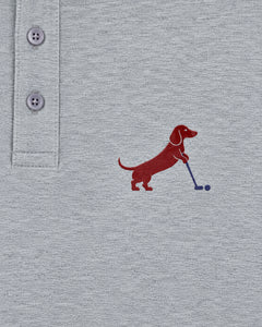 Putting dachshund golf polo, chest logo detail. Color: Flower Gray