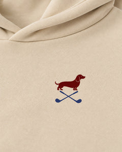 Club & Swing dachshund golf hoodie print detail. Color: Apricot
