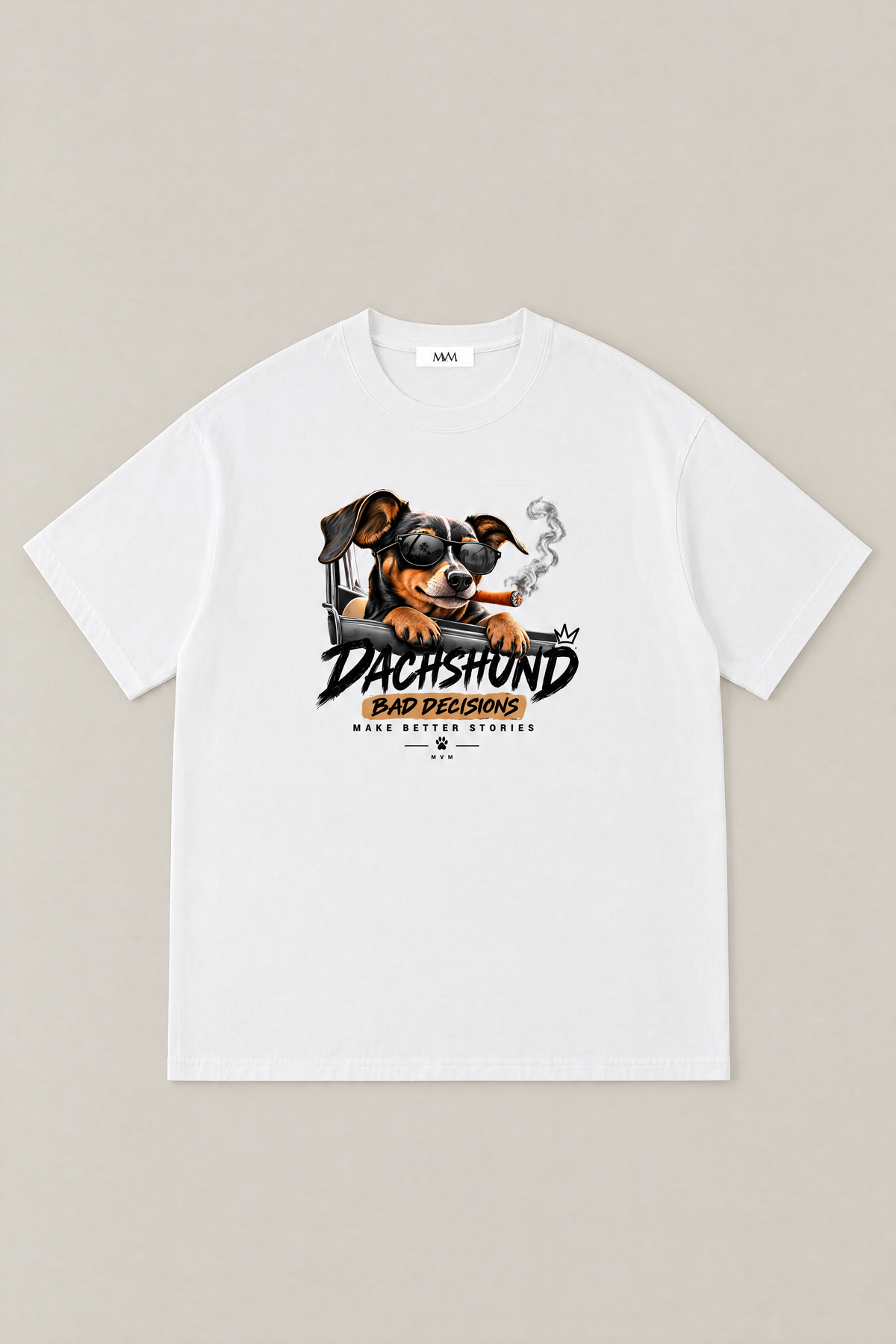 Bad Decisions Dachshund Tee in white, flat lay front view. Color: White