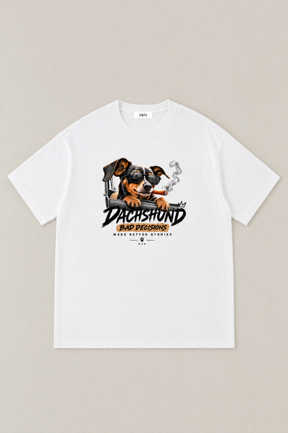 Bad Decisions Dachshund Tee in white, flat lay front view. Color: White