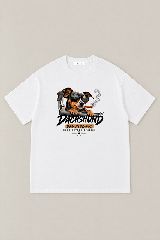 Bad Decisions Dachshund Tee in white, flat lay front view. Color: White