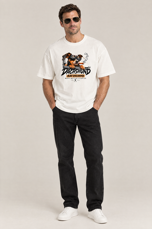 Man in aviator sunglasses wearing the Bad Decisions Dachshund Tee in white with black jeans. Color: White