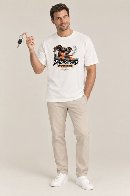 Man twirling car keys in the white Bad Decisions Dachshund Tee. Color: White