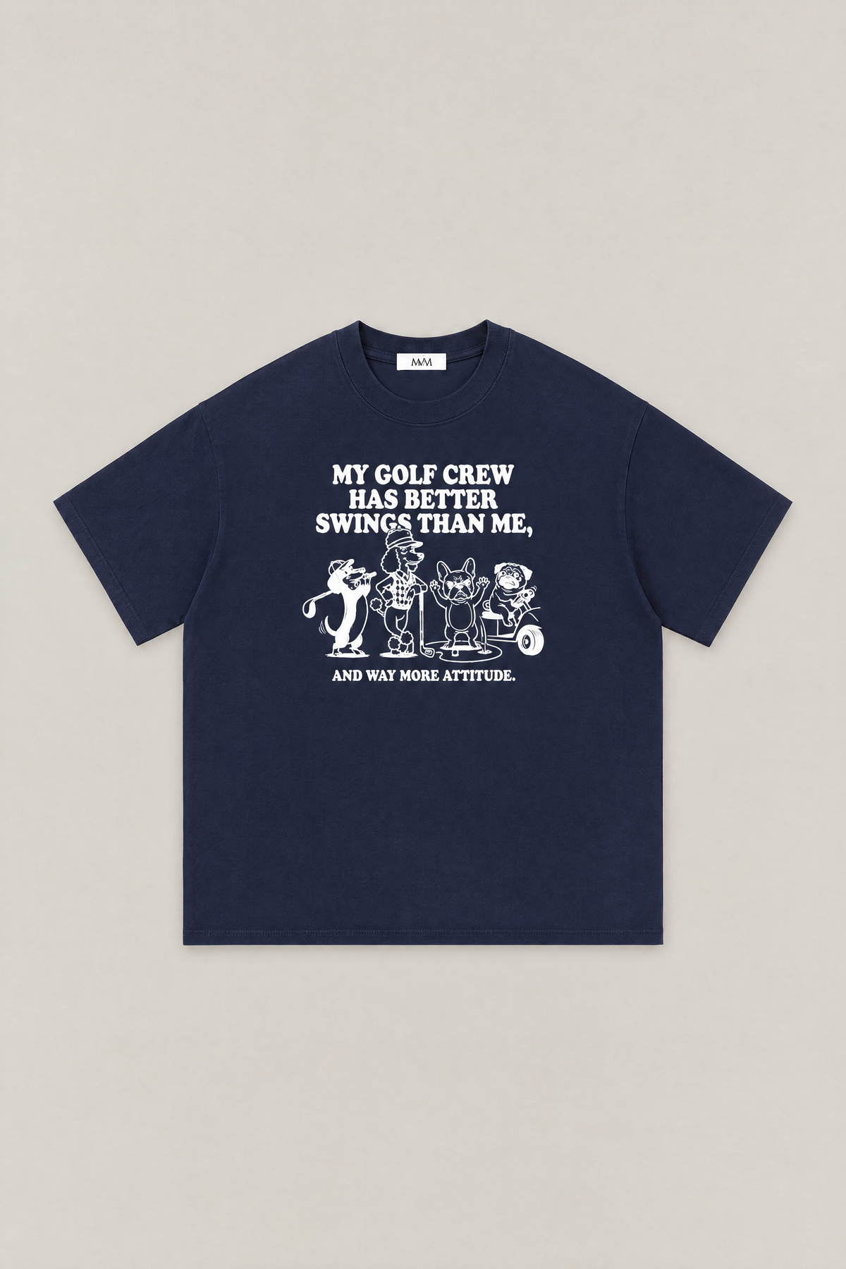 Better Swings Dog Golf Tee in navy, flat lay front view. Color: Navy