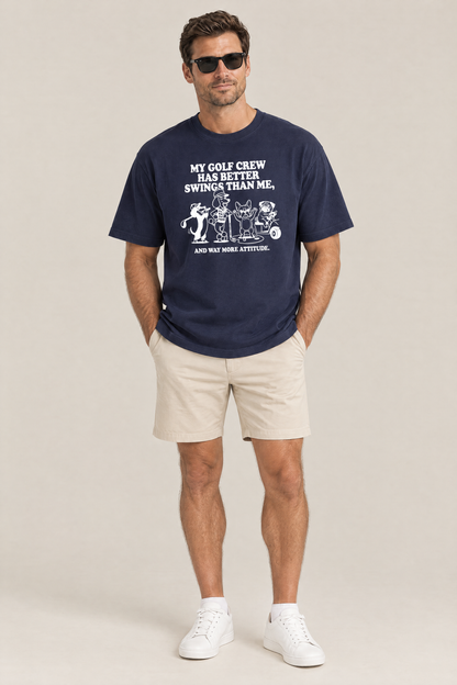 Man wearing the Better Swings Dog Golf Tee in navy with beige golf shorts and sunglasses. Color: Navy