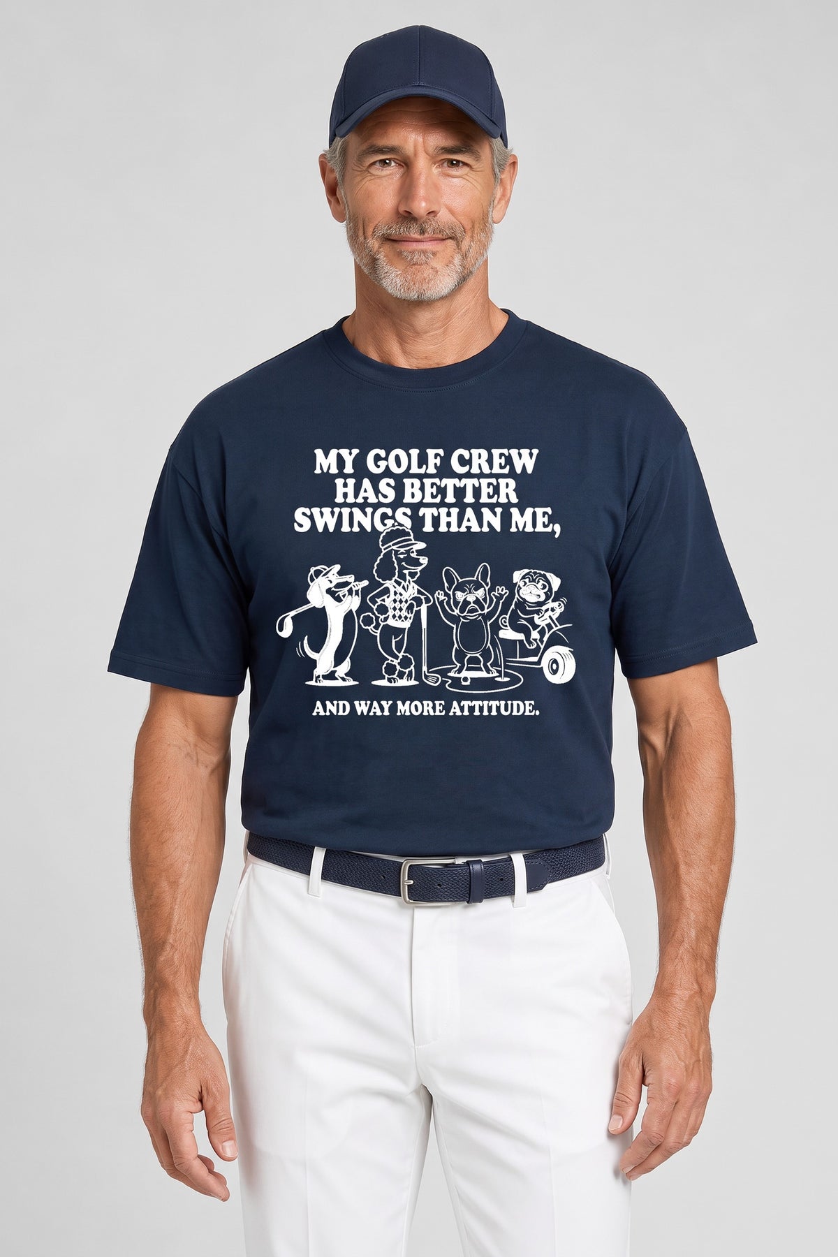 Man wearing the Better Swings Dog Golf Tee in navy