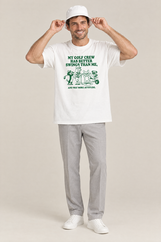 Man putting on a white bucket hat in the white Better Swings Dog Golf Tee. Color: White