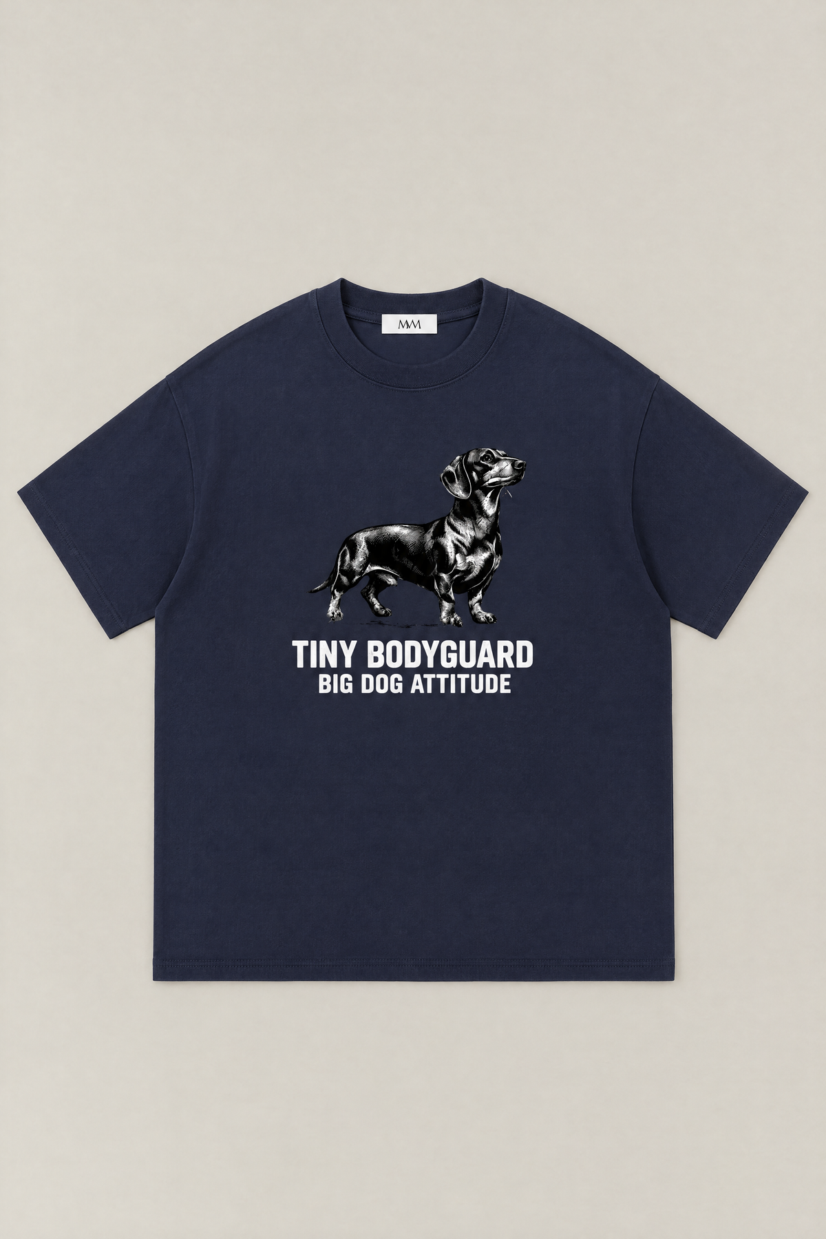 Big Dog Attitude Dachshund Tee in navy, flat lay front view. Color: Navy