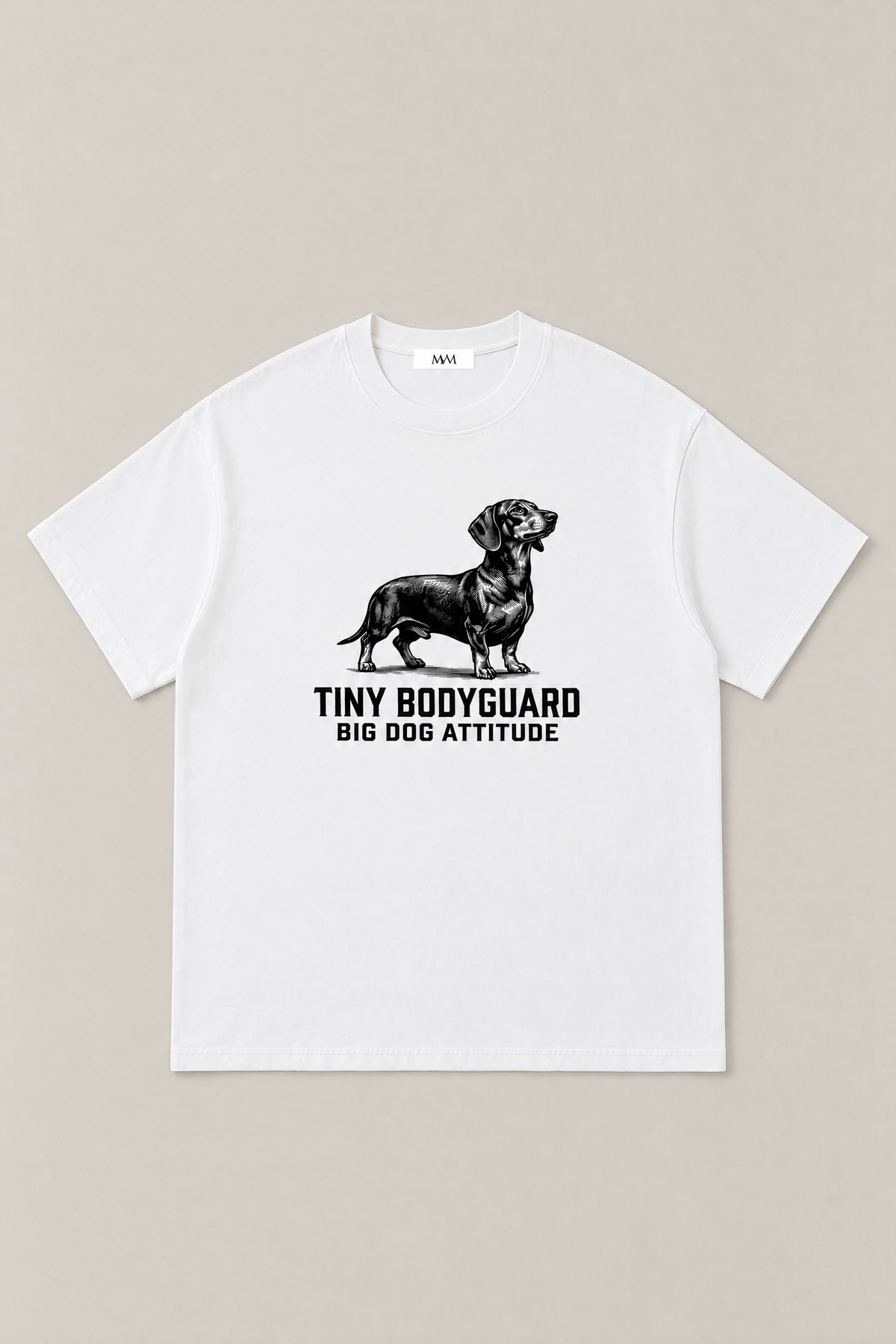 Big Dog Attitude Dachshund Tee in white, flat lay front view. Color: White