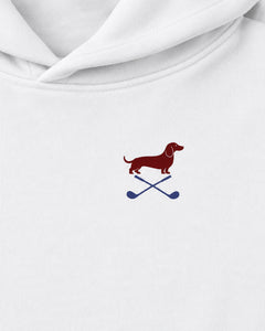 Club & Swing dachshund golf hoodie print detail. Color: White