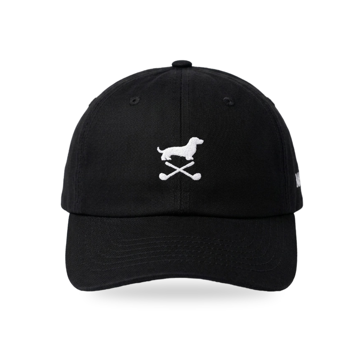 Club Mark Dachshund Golf Cap in Black White, front view, SitHappens