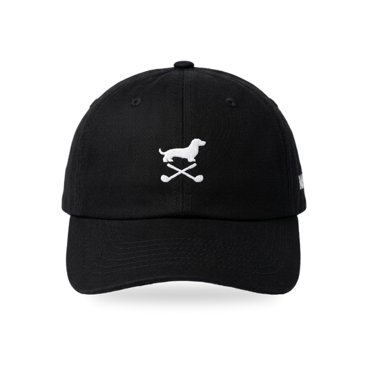 Club Mark Dachshund Golf Cap in Black White, front view, SitHappens