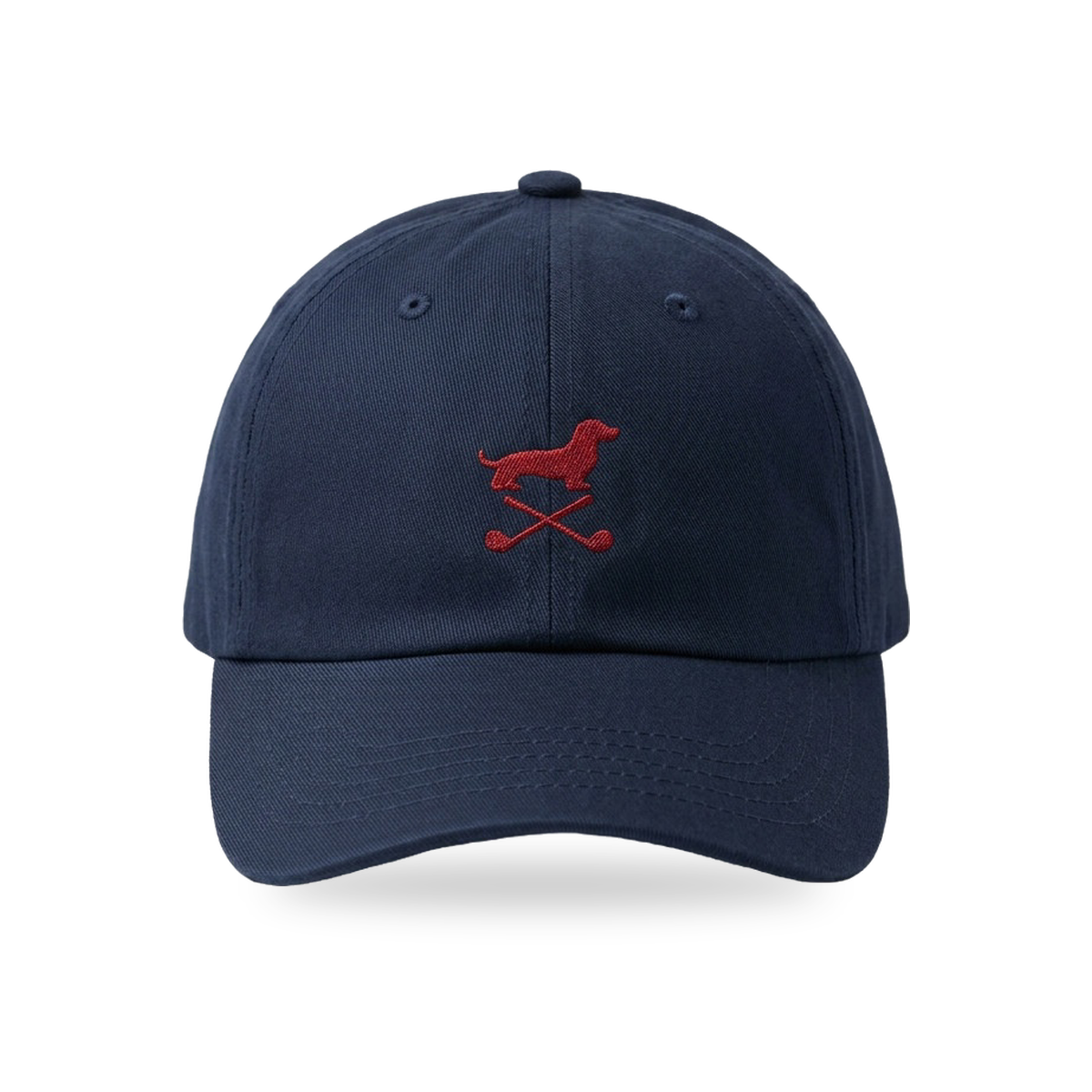 Club Mark Dachshund Golf Cap in Navy Burgundy, front view, SitHappens
