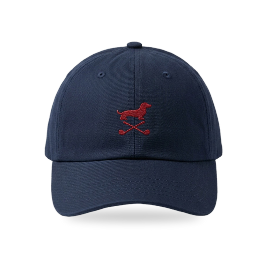 Club Mark Dachshund Golf Cap in Navy Burgundy, front view, SitHappens