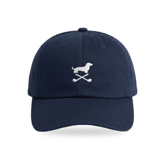 Club Mark Dachshund Golf Cap in Navy White, front view, SitHappens
