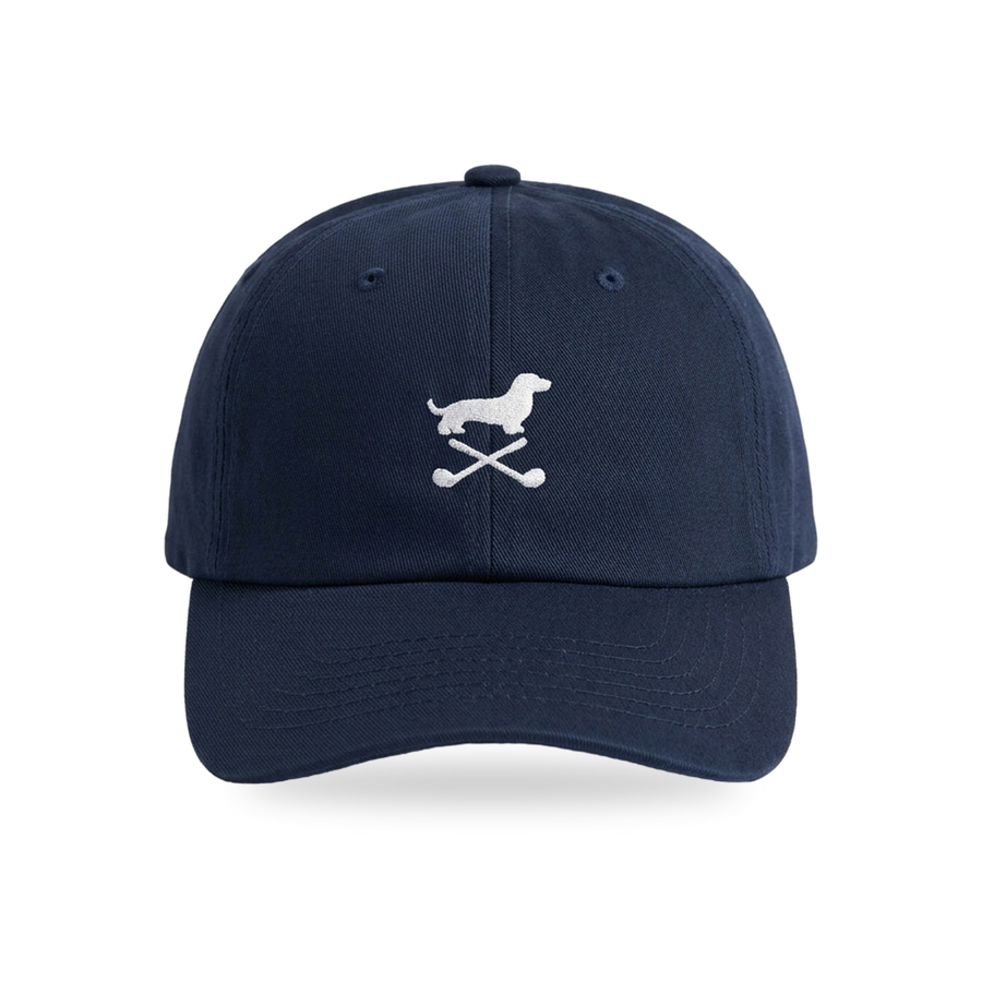 Club Mark Dachshund Golf Cap in Navy White, front view, SitHappens