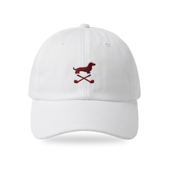 Club Mark Dachshund Golf Cap in White Burgundy, front view, SitHappens