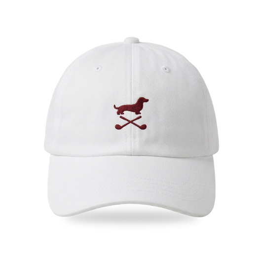 Club Mark Dachshund Golf Cap in White Burgundy, front view, SitHappens